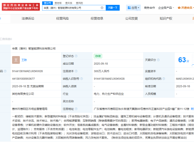 申昊科技等在惠州成立智慧能源科技公司 注冊(cè)資本300萬(wàn)