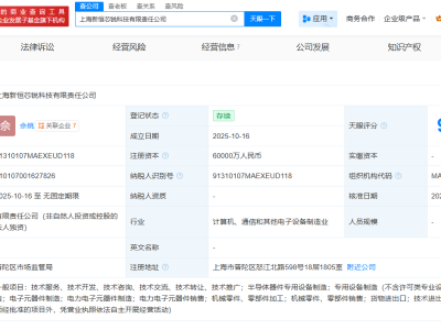 大恒科技在上海成立新恒芯銳科技公司 注冊資本6億