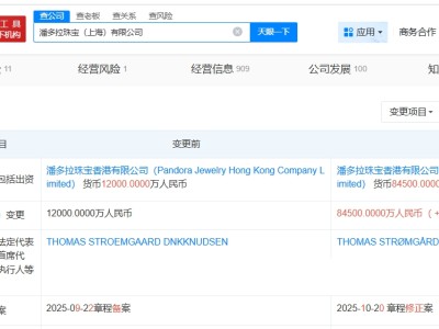 潘多拉珠寶上海公司增資至8.45億 增幅約604%